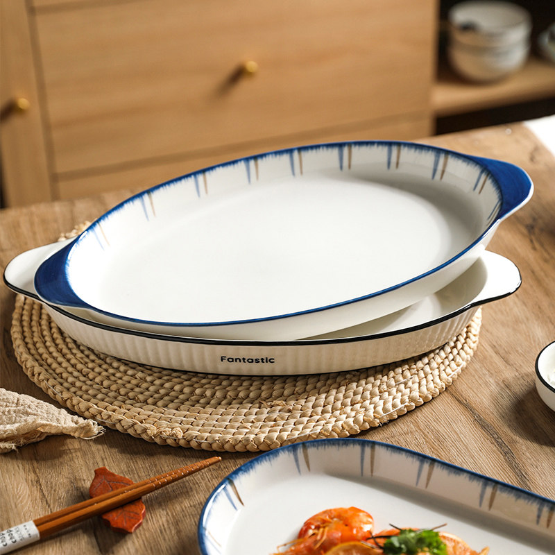 舍里鱼盘家用蒸鱼盘子2022新款大号双耳椭圆装鱼盘菜盘陶瓷鱼碟