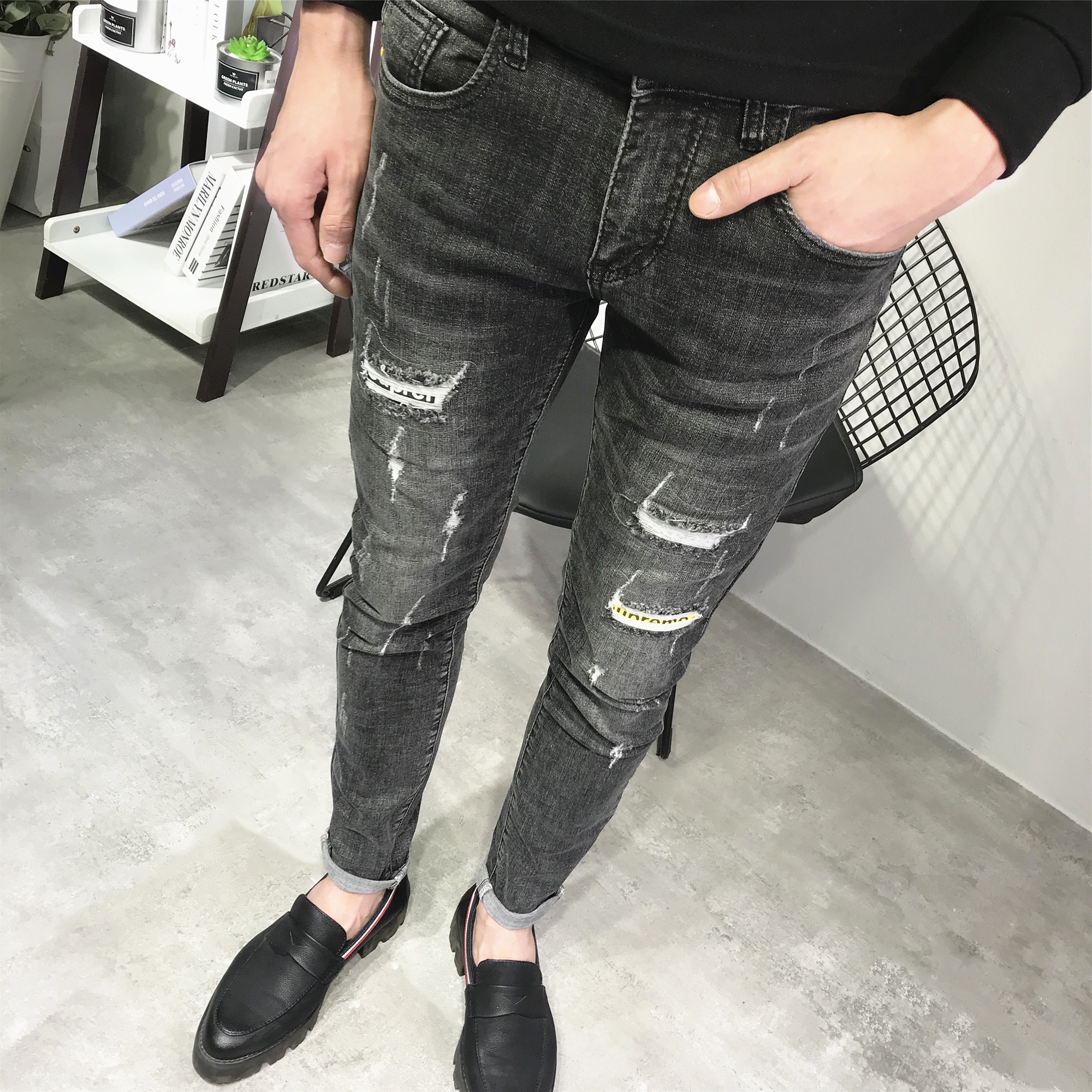 潮流破洞补丁牛仔裤男韩版修身小脚男青年美式休闲时尚牛仔裤