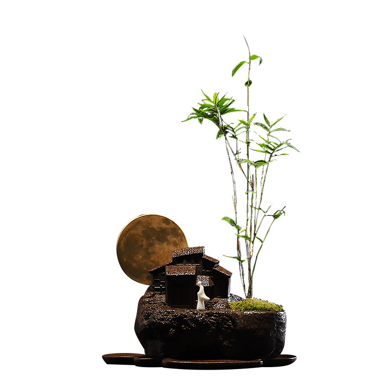 汉鸿盆栽中式新中式禅意观花紫砂微景花瓶仿古茶宠摆件