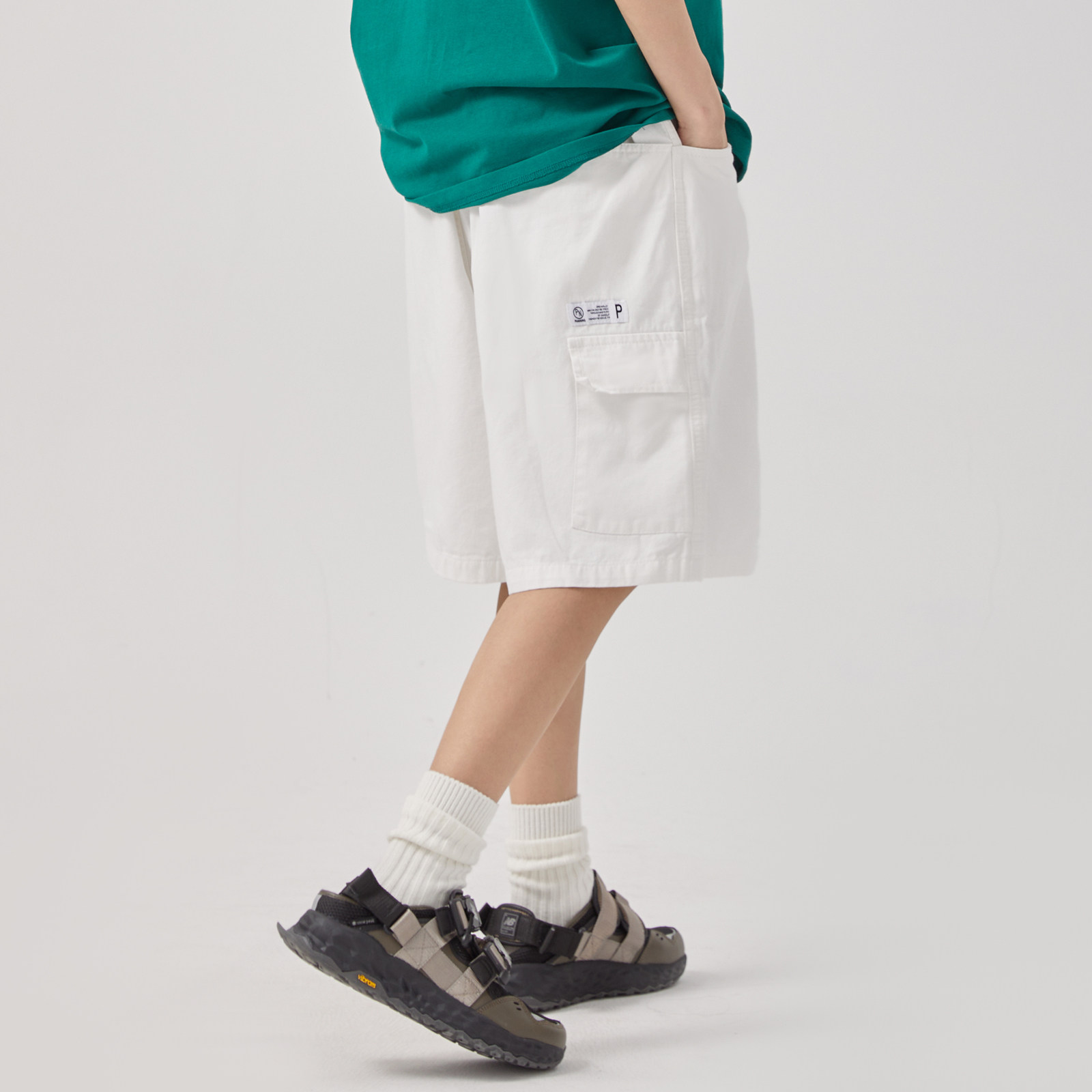 pianning内置腰带简约五分松紧腰直插袋夏季白色休闲裤