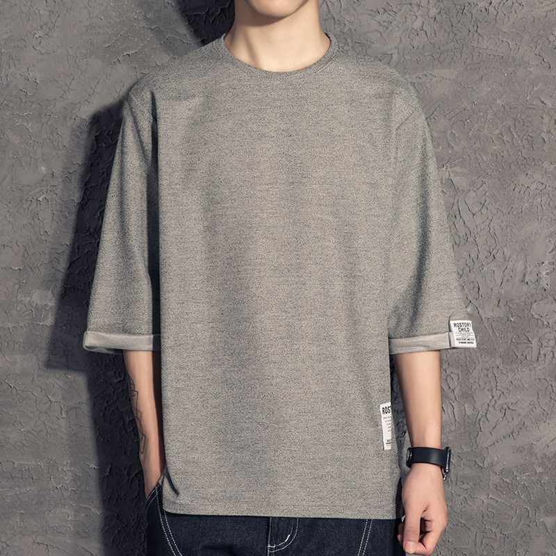 潮牌港风宽松短袖t恤男圆领休闲纯色五分袖韩版学生加大码七分袖