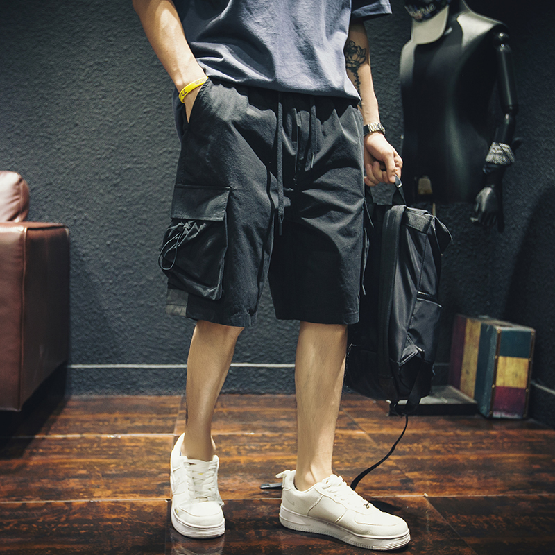 潮牌夏季薄款工装短裤男ins日系宽松大码五分休闲裤潮流抽绳中裤