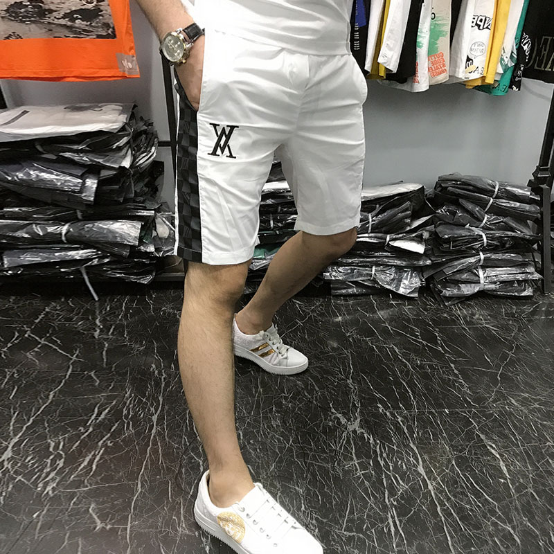 2022夏季新款个性刺绣字母格子短裤纯色男士运动裤修身潮流五分裤