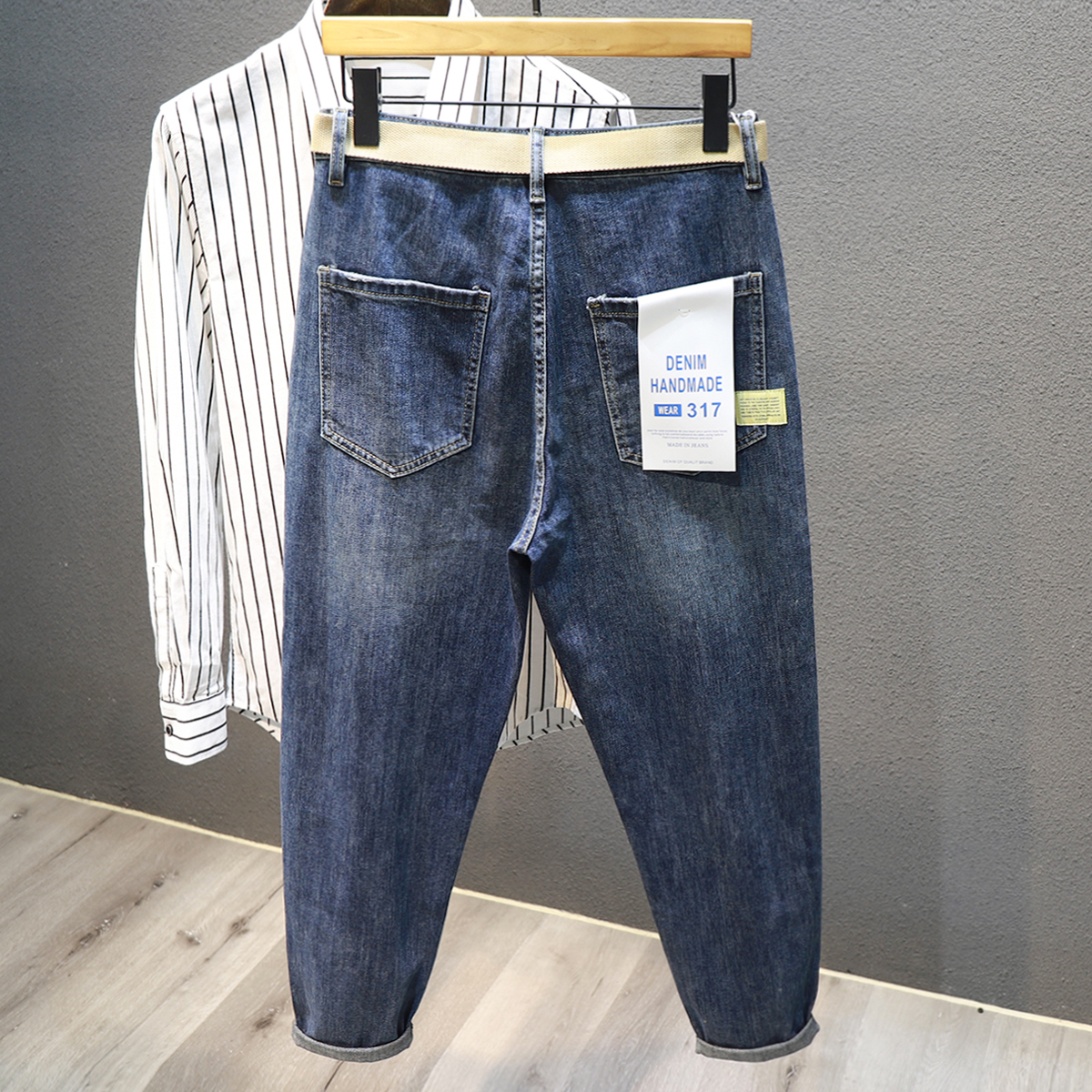 潮牌蓝色哈伦牛仔裤男2021男士秋冬加绒加厚宽松阔腿青年百搭弹力