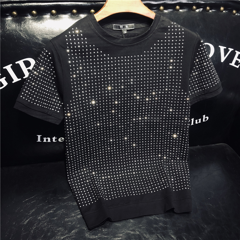 2021春夏季潮牌新款金烫钻圆领快手红人修身走秀款满钻短袖T恤男