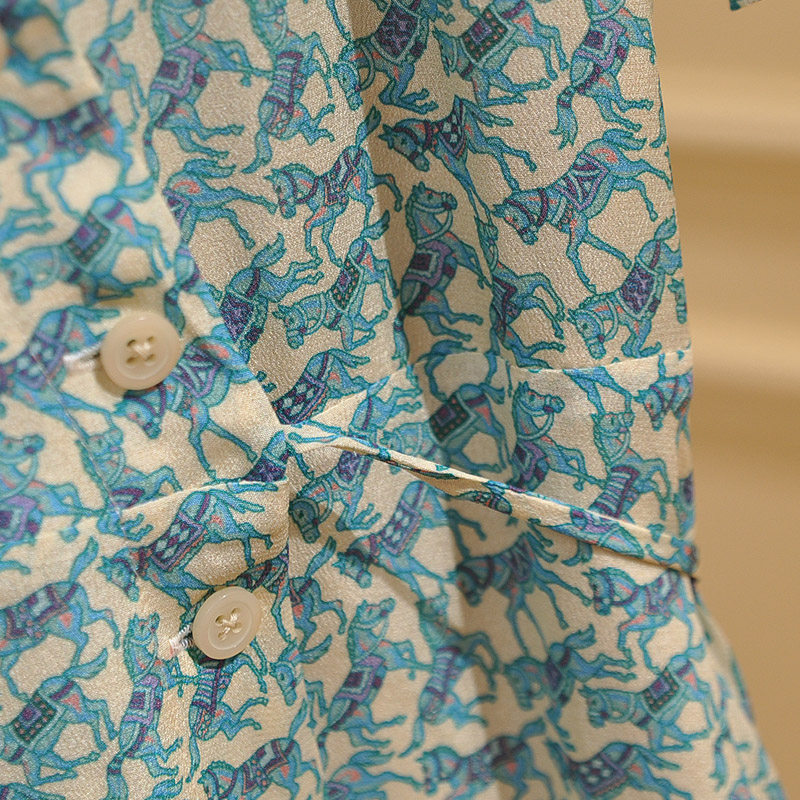 香家从黄昏起飞 治愈谧蓝 真丝连衣裙女v领短袖双绉蚕丝裙子 新款