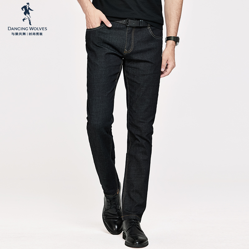 与狼共舞水洗牛仔裤男2022春季新款舒适透气纯色修身百搭直筒长裤