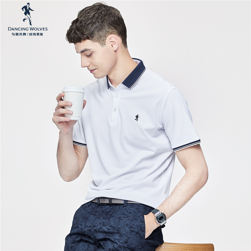 与狼共舞男装翻领短袖T恤男2021夏季新款潮流透气休闲POLO衫上衣