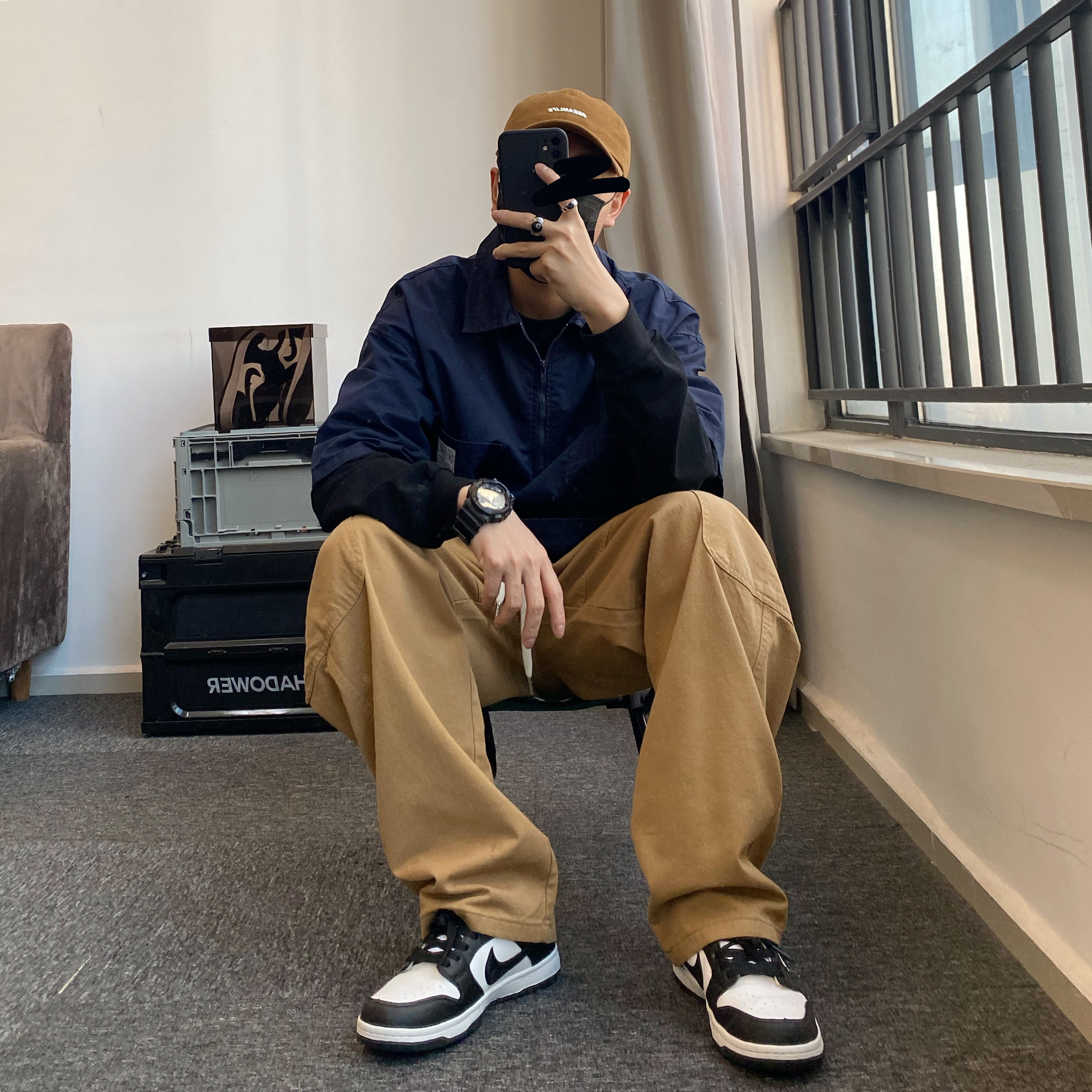 日系美式复古直筒休闲长裤男潮牌青少年潮流宽松卡其黑色工装裤子