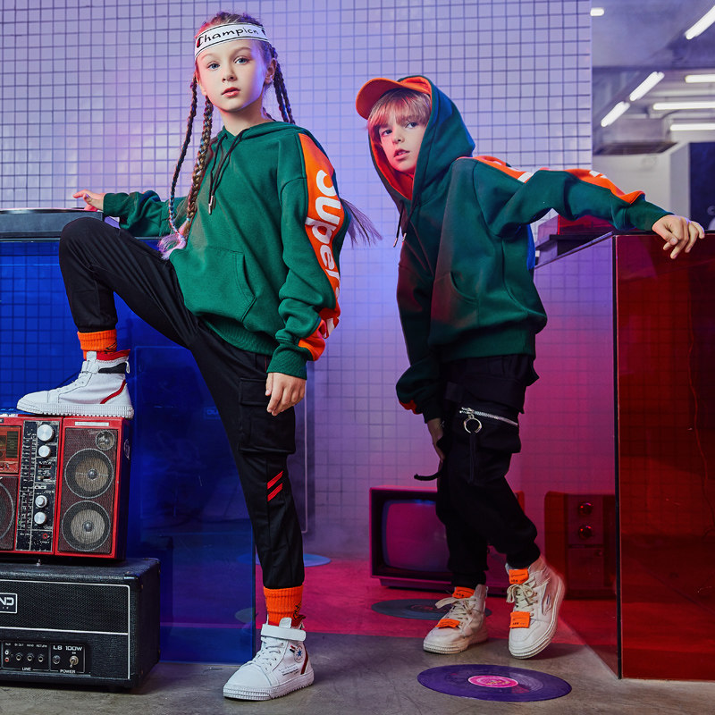 儿童街舞套装新款连帽长袖外套少儿嘻哈卫衣帅气演出服男女童潮装