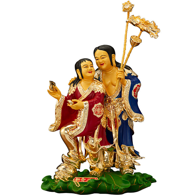 台湾纯铜鎏金和合二仙摆件家用供奉二圣铜像摆件