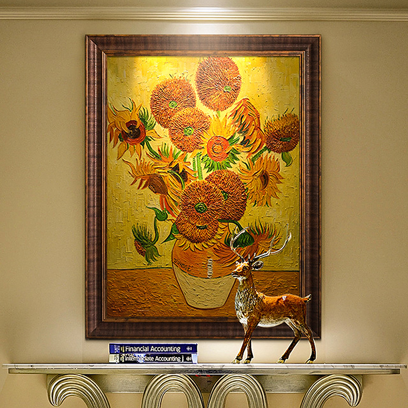 手绘梵高向日葵装饰画现代简约餐厅花卉挂画客厅三联油画