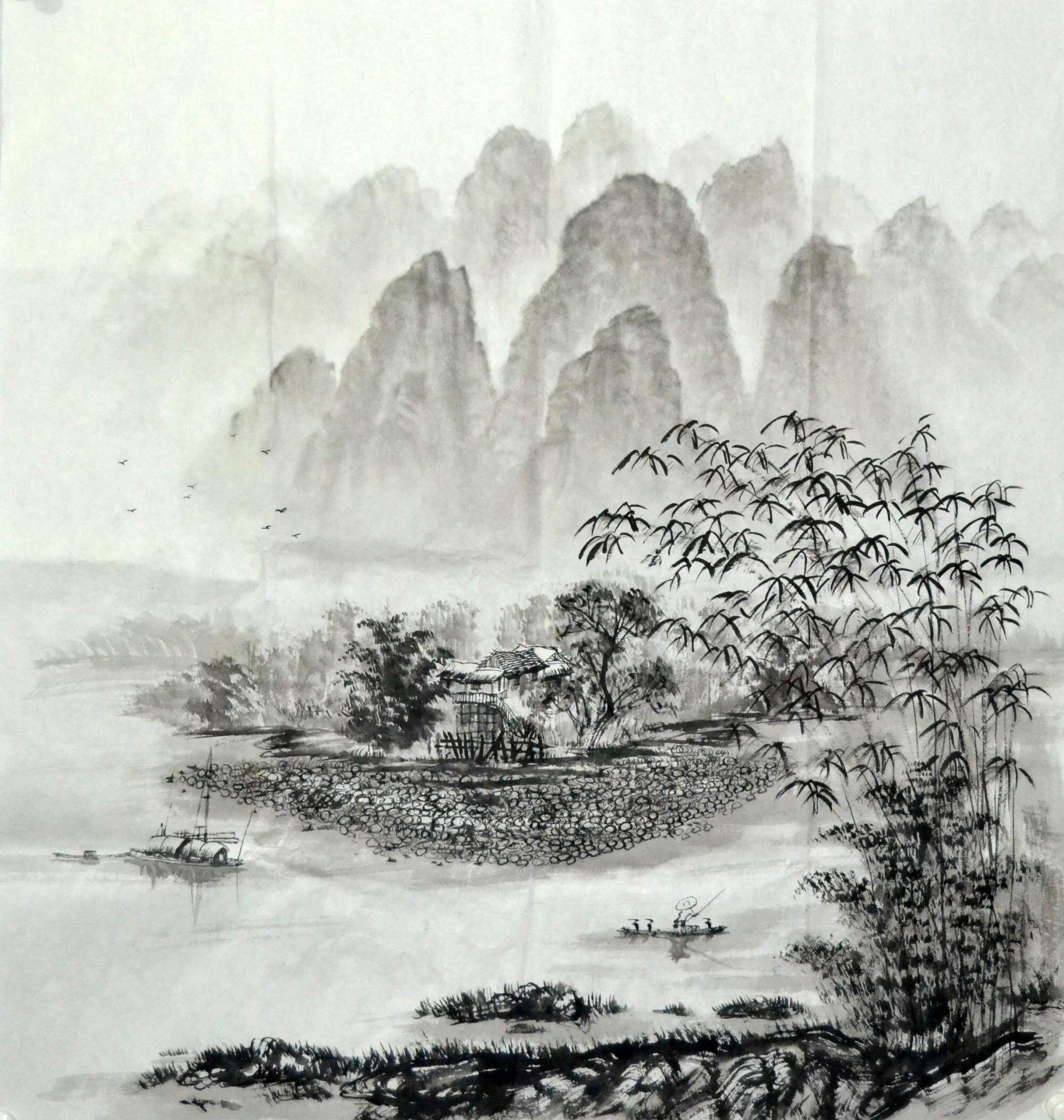 字画中式风景茶楼客厅无款手绘山水桂林水墨国画