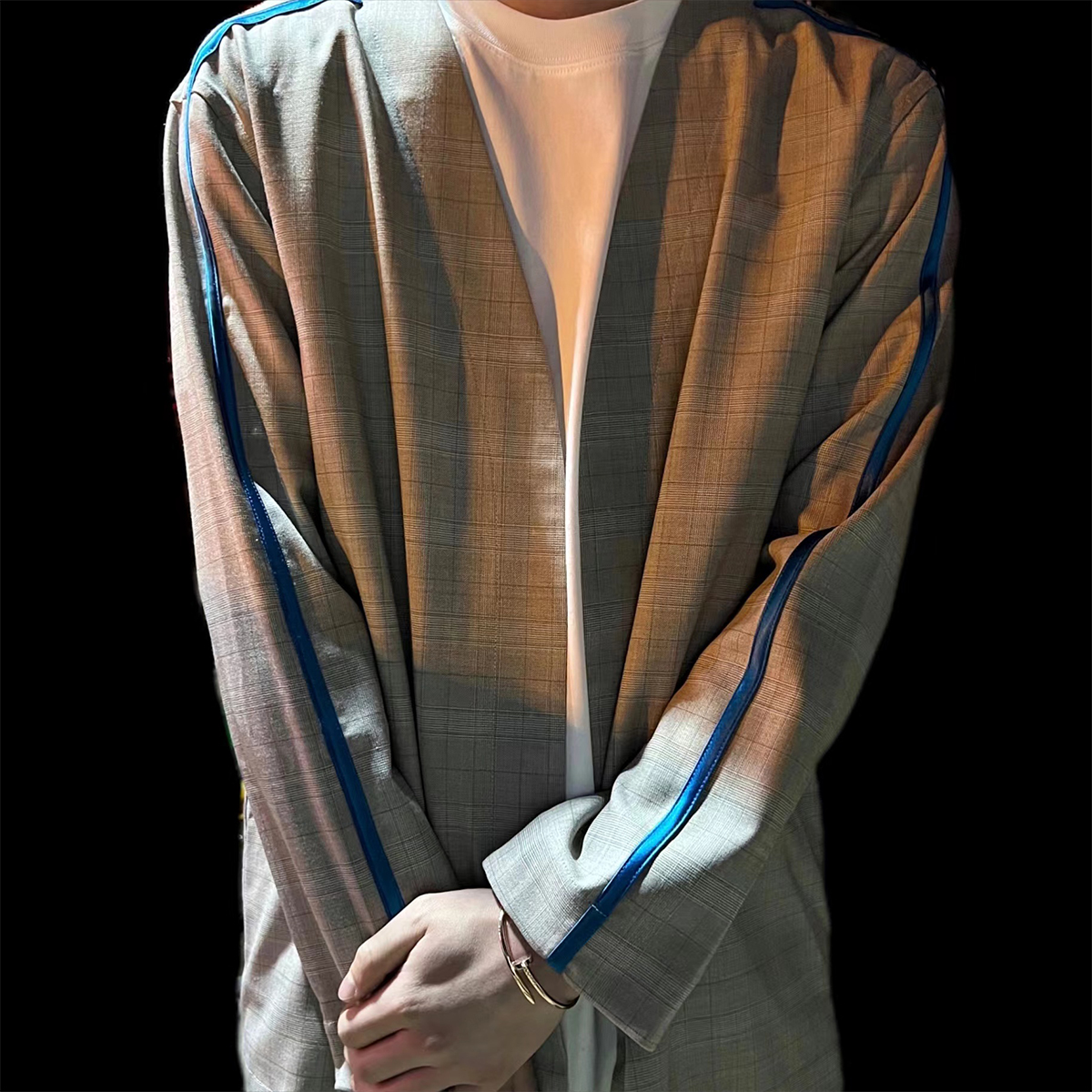 CHANSUER澳洲羊毛混纺威尔士色织格纹薄款透气抗皱衬衫无领外套男