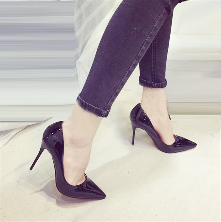 天高尖头超高高跟鞋细跟12cm单鞋浅黑色10公分银色单鞋