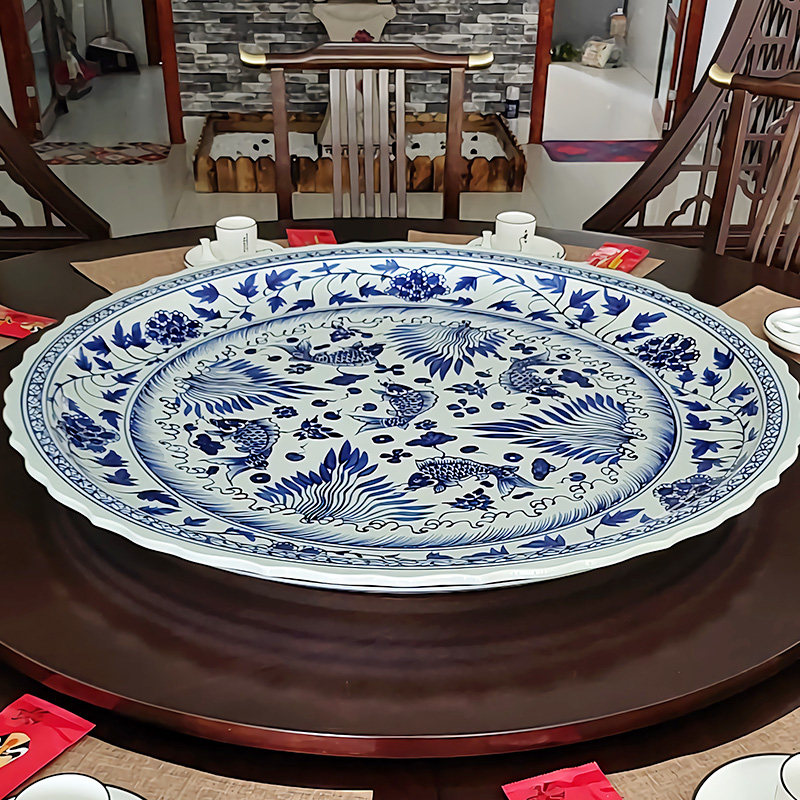 景德镇青花陶瓷海鲜大盘子超大圆盘1米中式特大盘