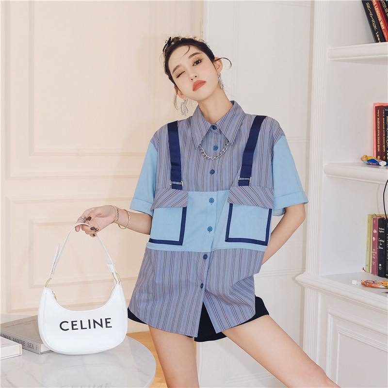 花妖原创2022英伦风两件设计背带衬衫宽松中性衬衫