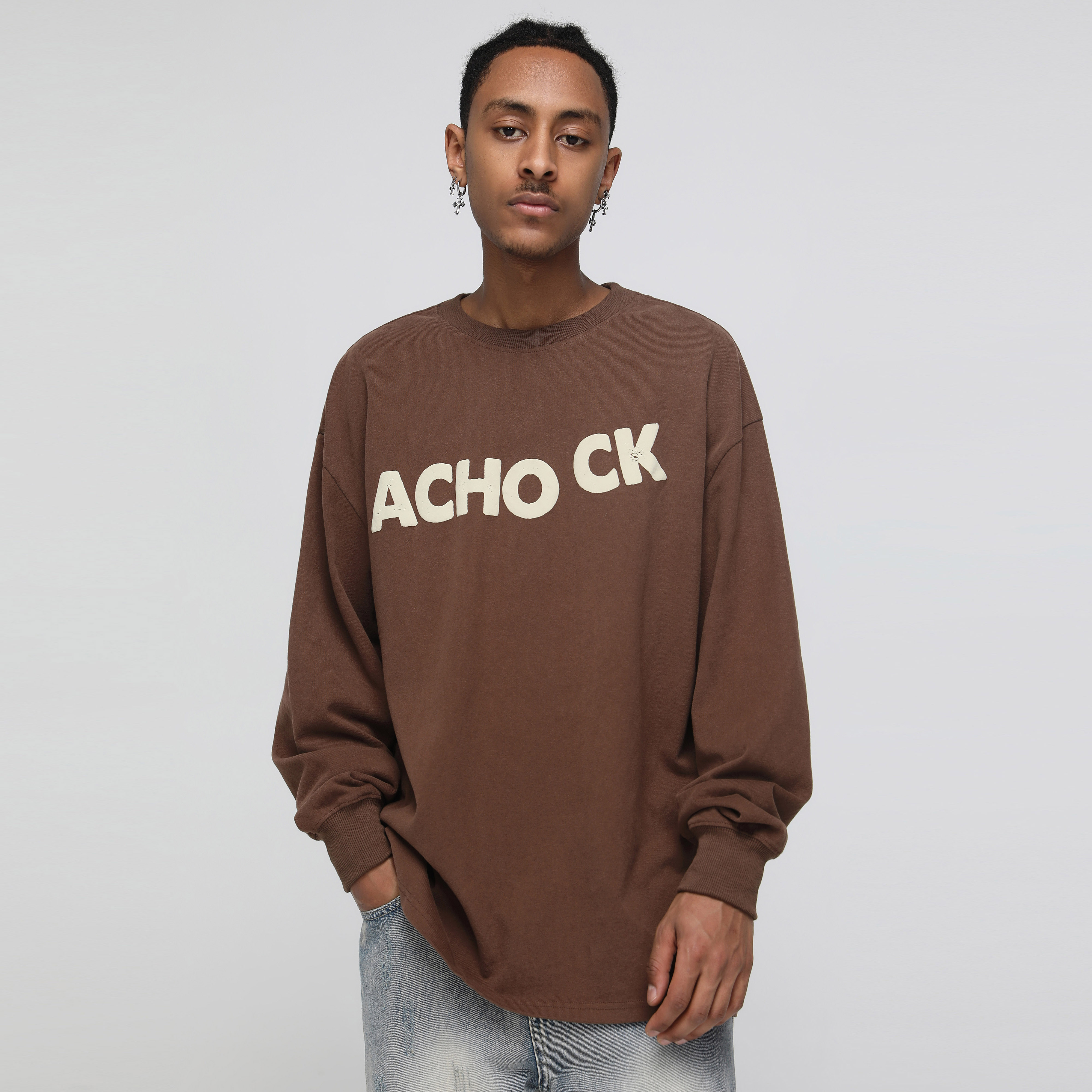 A chock原创潮牌春季新款字母泡印长袖t恤纯色休闲宽松圆领卫衣男