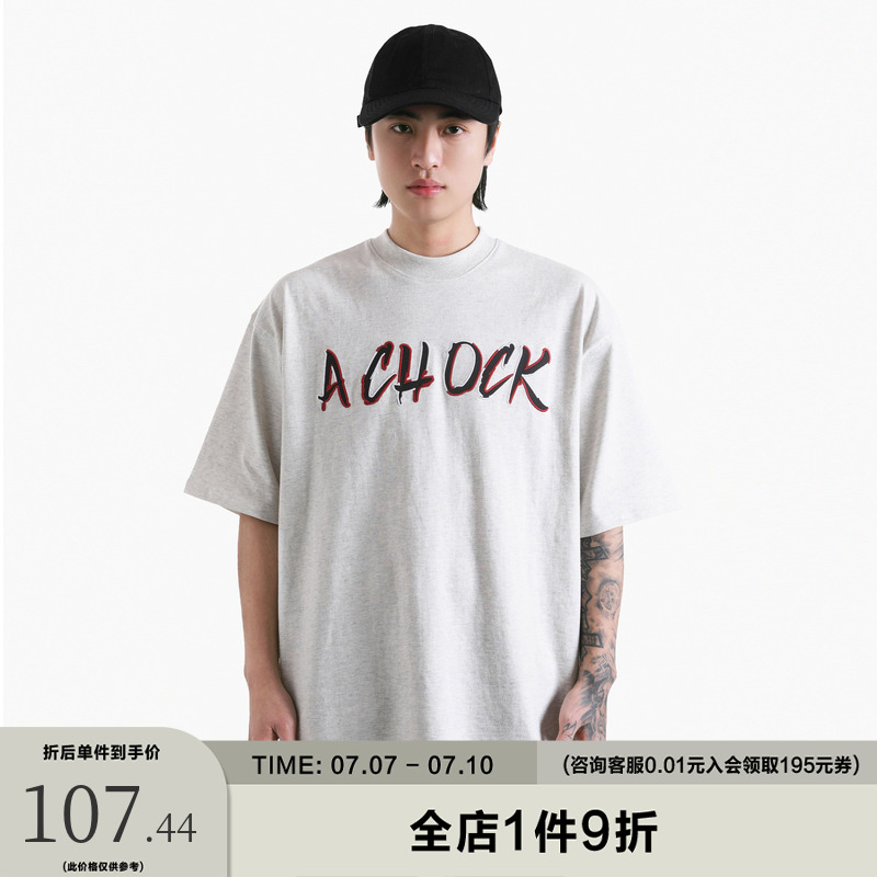 A chock国潮原创设计刺绣logo短袖宽松休闲情侣圆领套头打底衫t恤