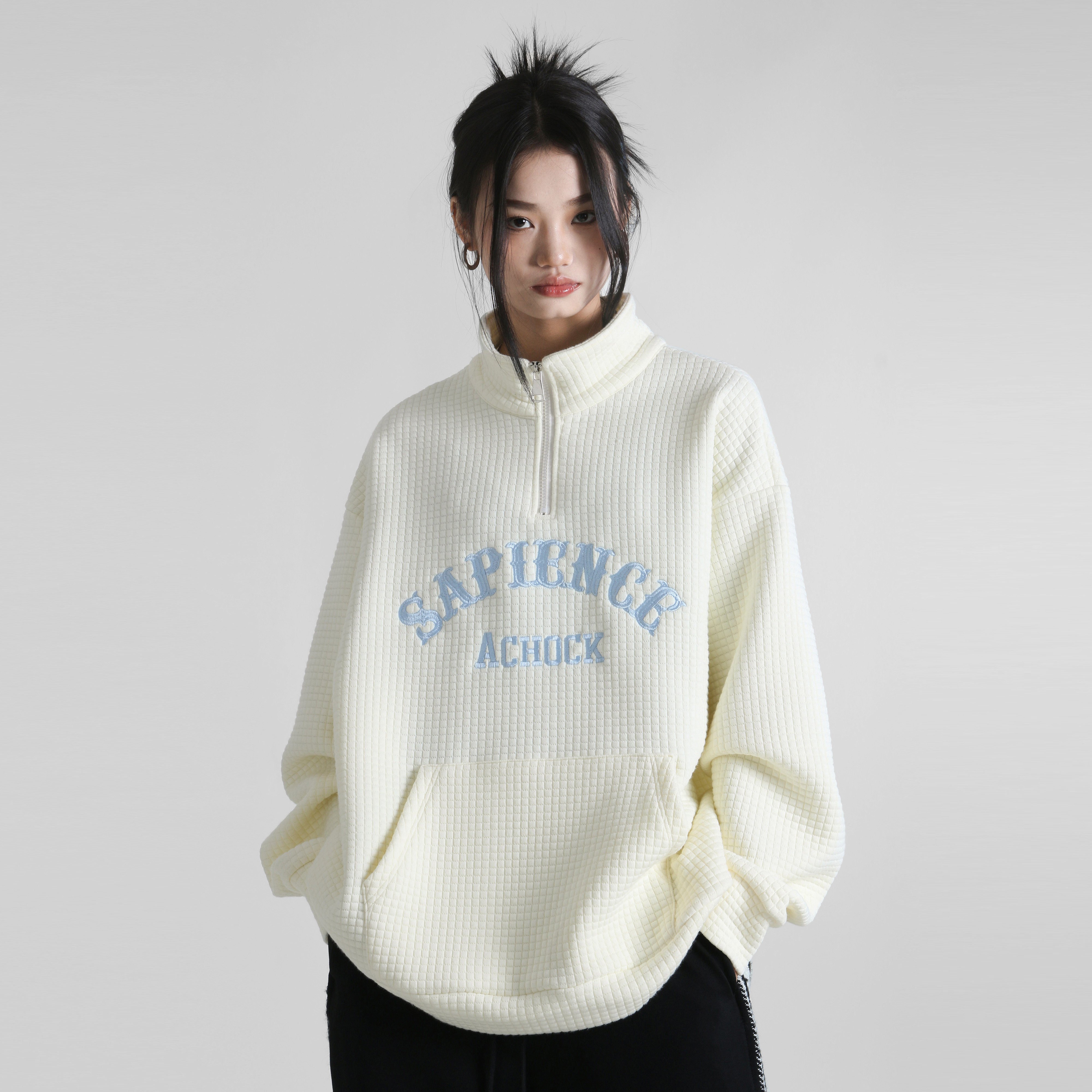 achock华夫格奶白色半拉链刺绣卫衣潮woo专属高领袋鼠兜情侣卫衣