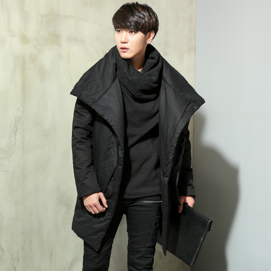 无形闪月冬原创潮牌男装个性韩版假两件翻领拼接修身长款棉衣棉服