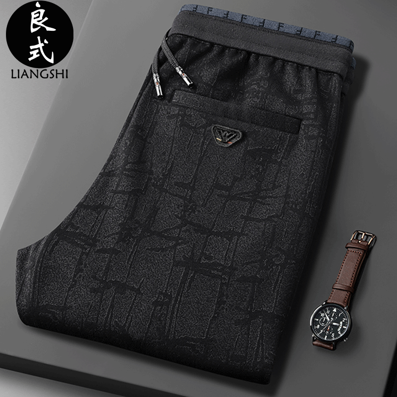 休闲裤男士2021年新款时尚棉麻提花高舒适透气丝滑宽松直筒运动