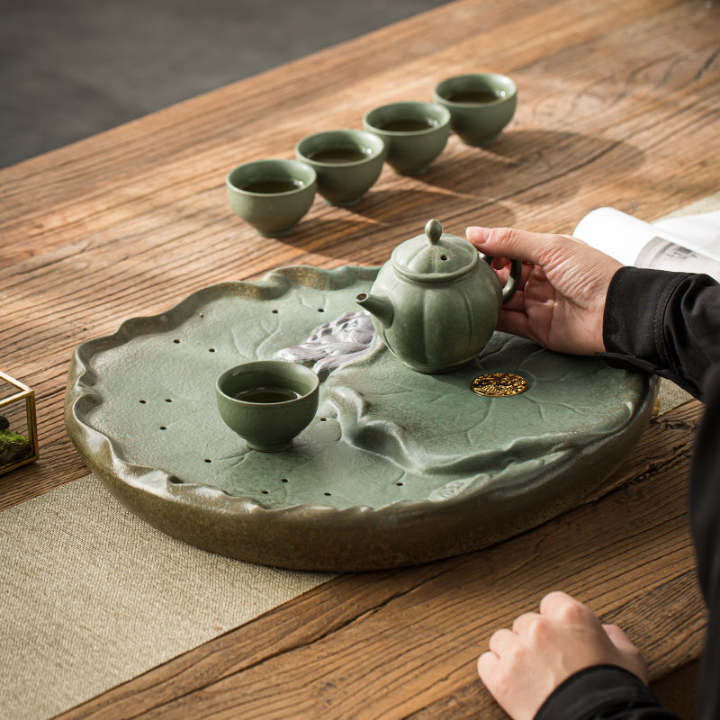 家用创意干泡日式简易陶瓷茶盘荷花花功夫茶具茶盘