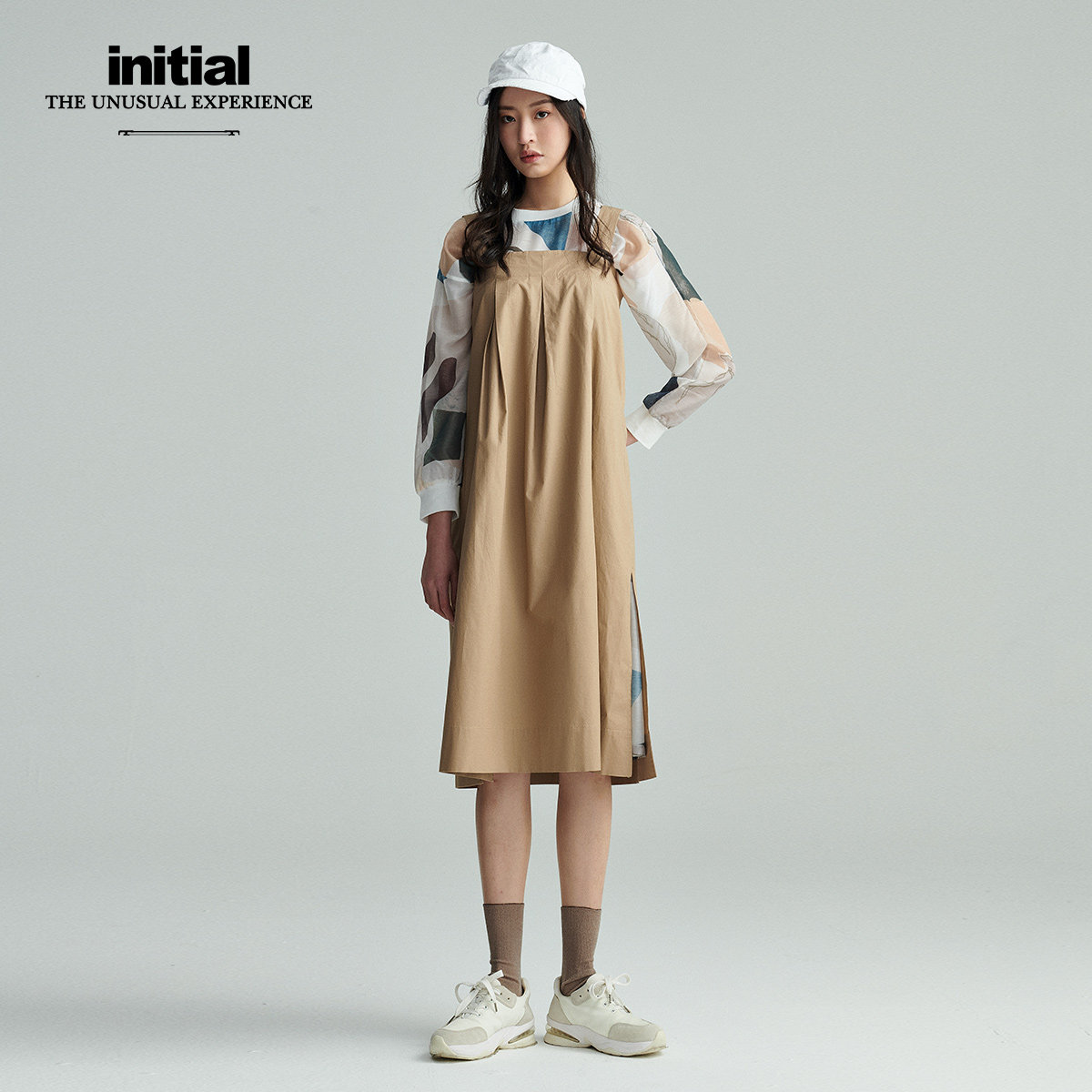 initial春夏两面穿连衣裙复古吊带印花显瘦直筒工装19sdnflmxx340
