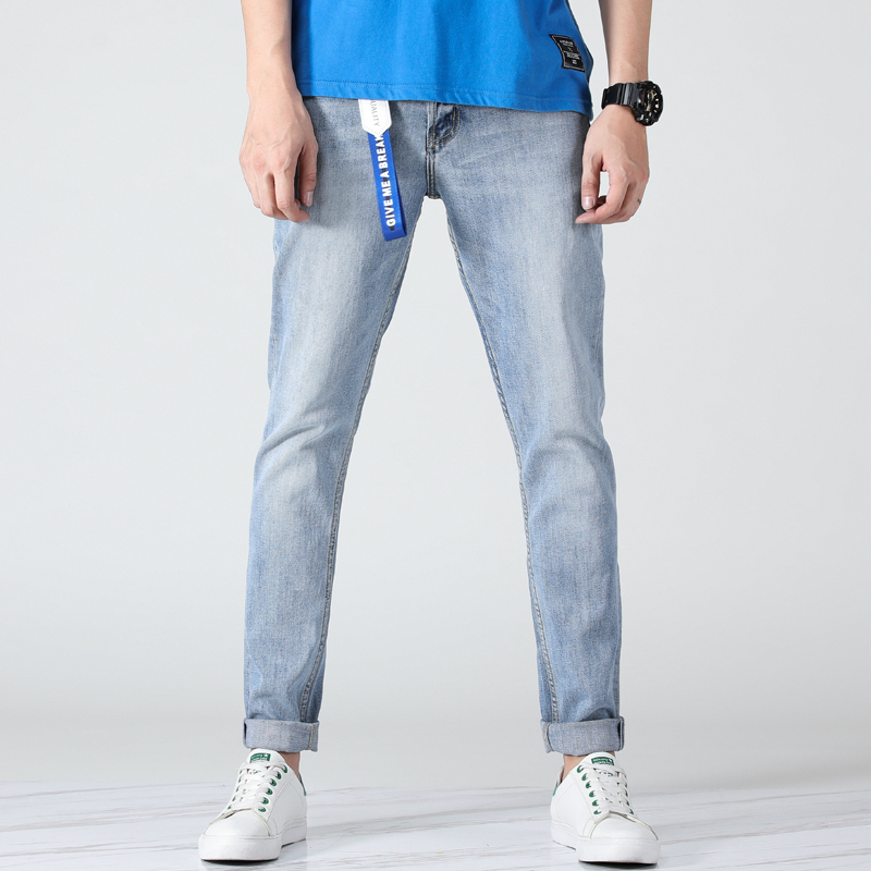 香港春秋款浅色牛仔裤男潮牌韩版潮流小脚裤男士修身浅蓝色男裤子