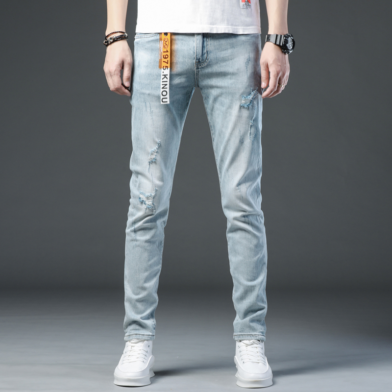 香港2021冬季潮牌浅色破洞牛仔裤男弹力修身小脚韩版潮流长裤春秋