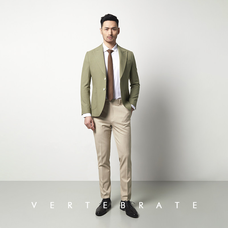 脊椎动物男装法式宽戗驳领绿色小格子休闲单西服西服西服