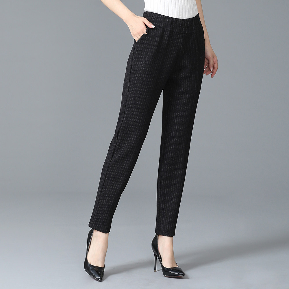钰杰·依典秋季新款松紧带大码中老年时尚竖条纹直筒休闲高腰女裤