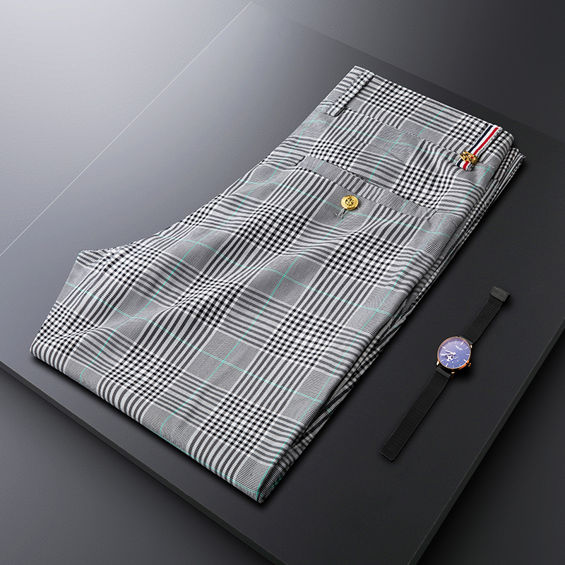 狮优舍夏季薄款灰色格子裤男英伦风修身品质男士千鸟格商务休闲裤