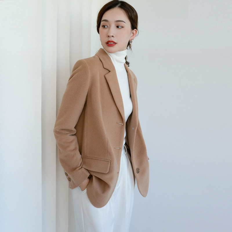 毛呢西装外套女冬2021新款韩版气质驼色百搭毛呢外套