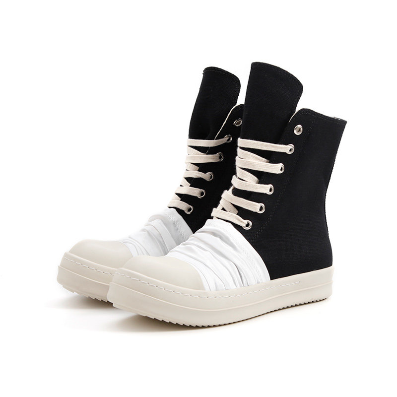ro高帮鞋黑白绸缎褶皱蒙面绷带帆布布鞋厚底高帮鞋