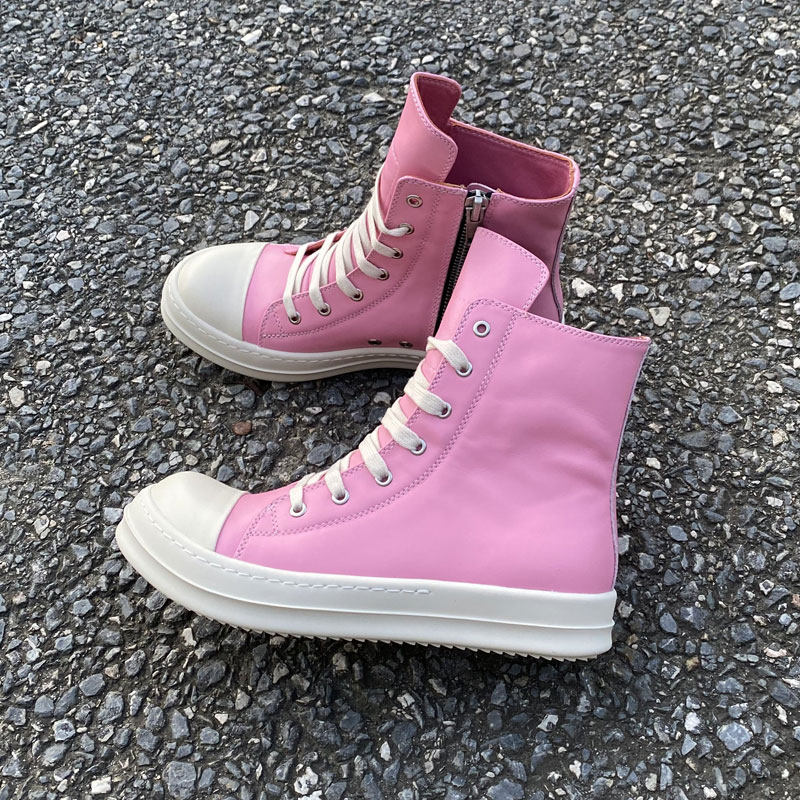 ro粉红色高帮鞋真皮男鞋系带厚底拉链欧美美潮高帮鞋