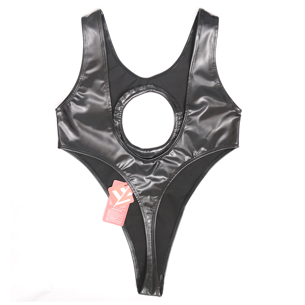 魅色性感油亮乳胶镂空露背连体衣gb52高开叉三角塑身连体衣