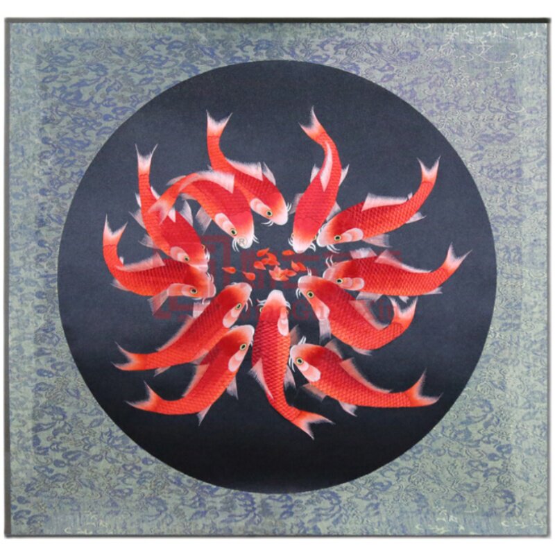 装饰画苏绣十二红鱼十二红鱼手工刺绣卧室玄关餐厅苏绣