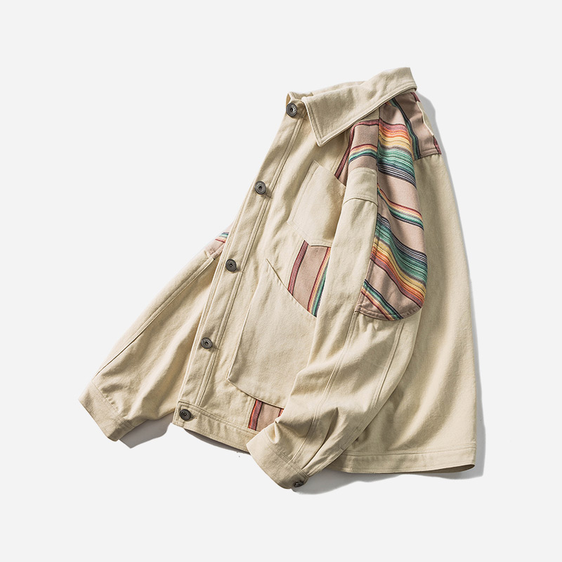 格图力日系复古拼接工装夹克男士ins情侣宽松翻领长袖做旧cec外套