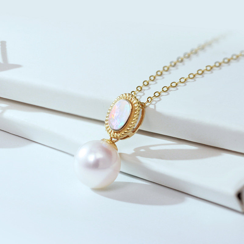 礼物花蜜日本akoya海水珍珠18k幻彩欧泊典雅颈饰