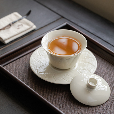 舍己宜物定窑黄三才三才手工浮雕茶碗薄胎陶瓷烫手功夫茶盖碗 原价118