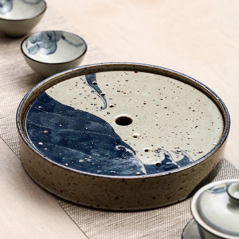 茶盘景德镇汝窑手绘粗陶蓄水干泡功夫茶配件禅意茶盘