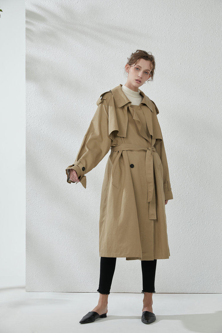 topuna 风衣女 春秋重磅天丝棉垂感宽松双排扣慵懒卡其色肩章法式