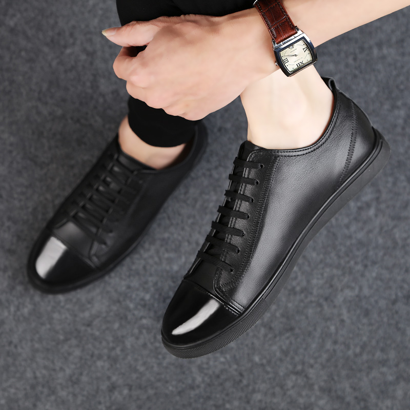 真皮板鞋春季平底亮面透气休闲鞋韩版潮鞋男士百搭时尚休闲皮鞋男