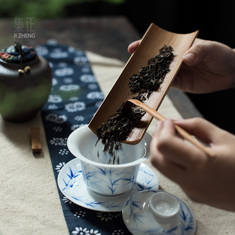 茶道集正老竹茶荷三件套装竹制茶夹炭化复古茶道