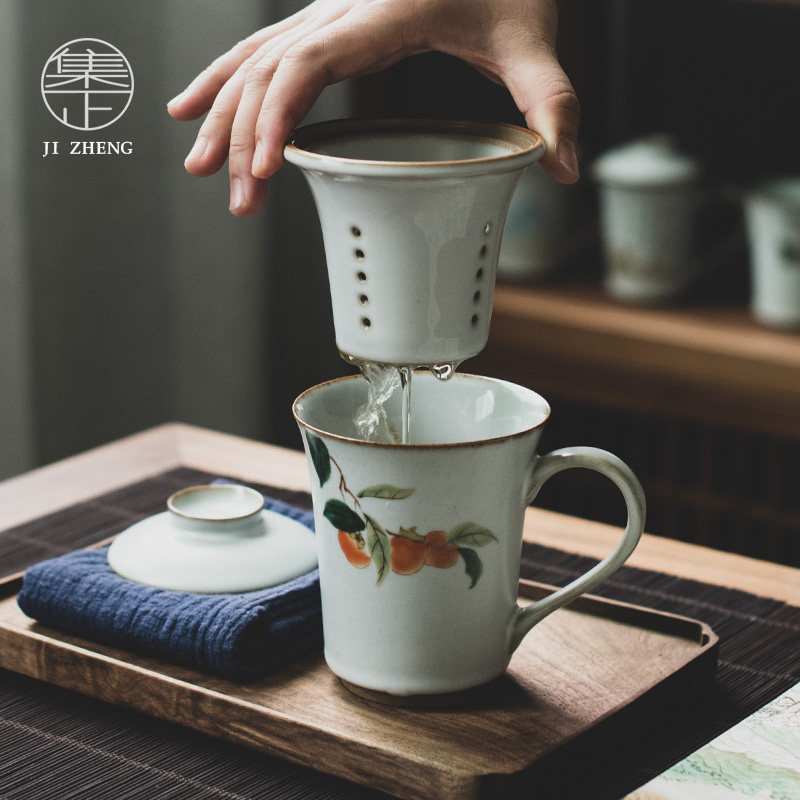 集正古风汝窑个人办公三件过滤茶杯粗陶月白茶杯