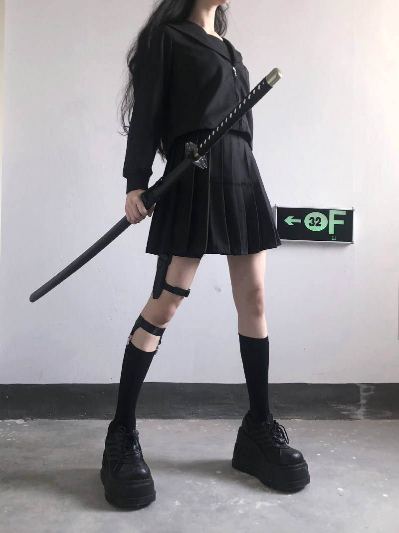 iosgirl地狱少女jk制服水手服黑色正统暗黑系长袖裙套装9043