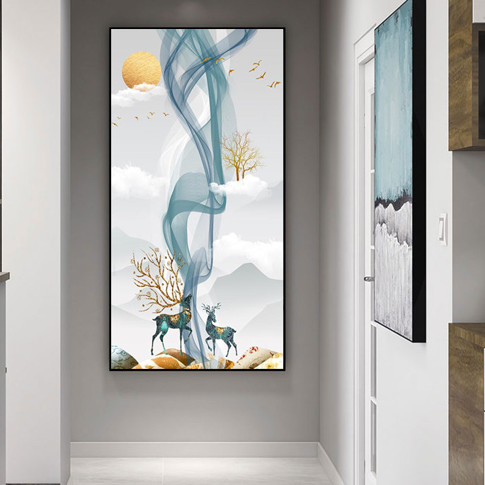缘色diy数字油画客厅沙发挂画玄关麋鹿竖版轻奢diy