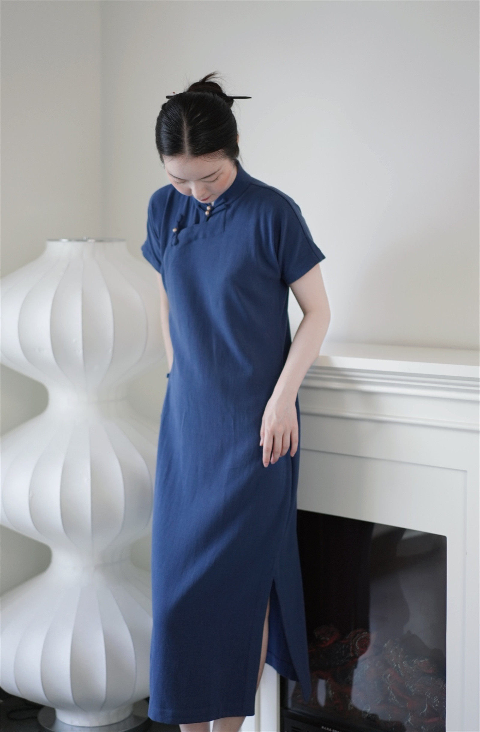 笙莲2022深蓝文艺优雅复古国风民国斜襟短袖旗袍