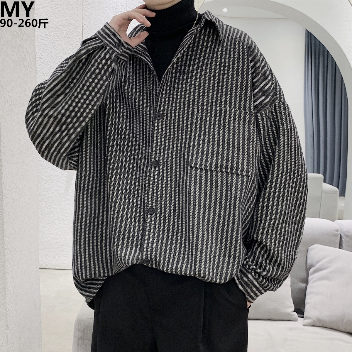 复古港风竖条纹长袖衬衣男春季加肥加大码潮胖人宽松痞帅衬衫外套